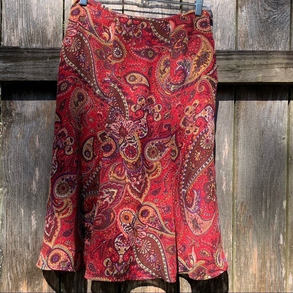Paisley Print Midi Skirt Autumn Colors Dressy Casual Bohemian Boho